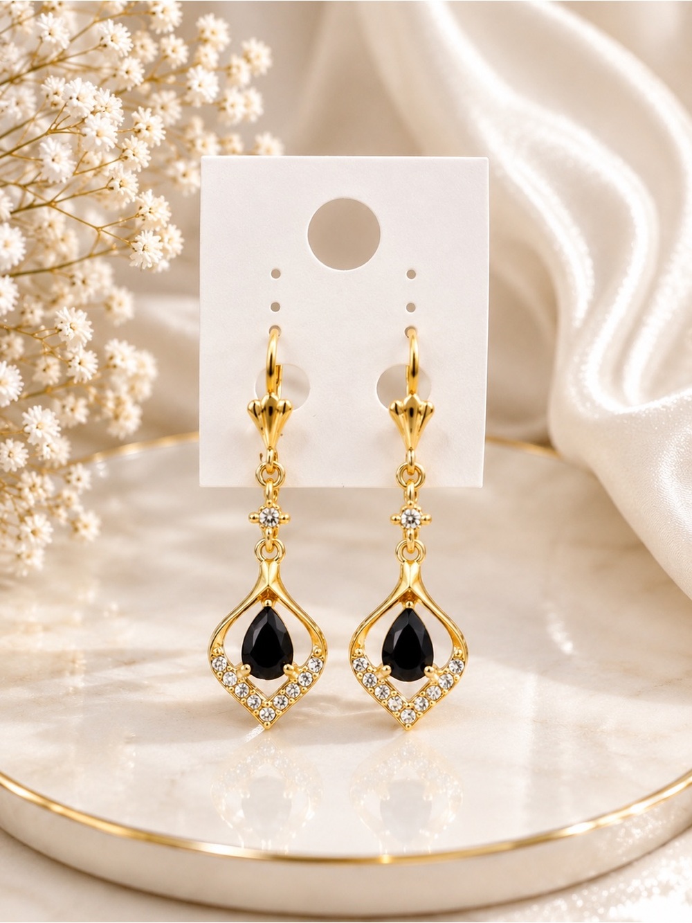 Gold Drop Earrings with Black Teardrop Gemstones